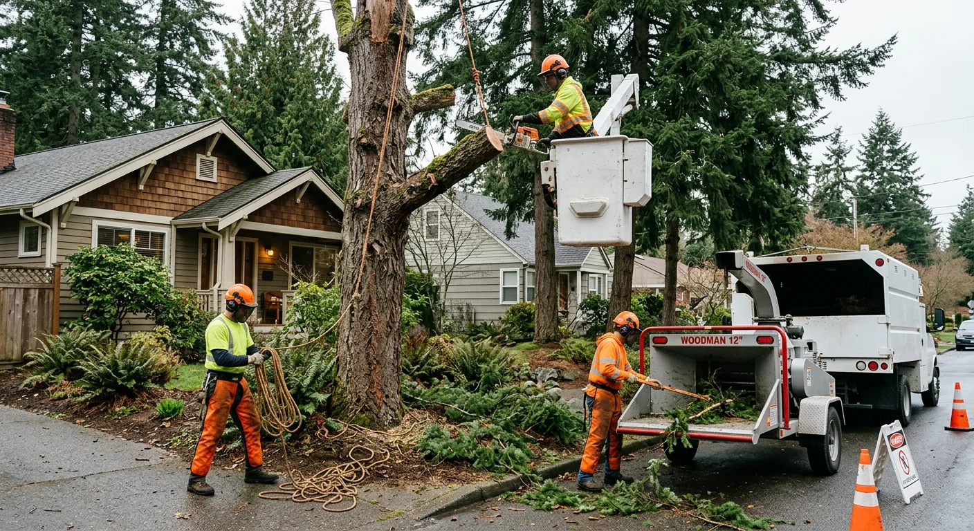Friendly tree crew reviewing a homeowner estimate beside mature trees in Bothell