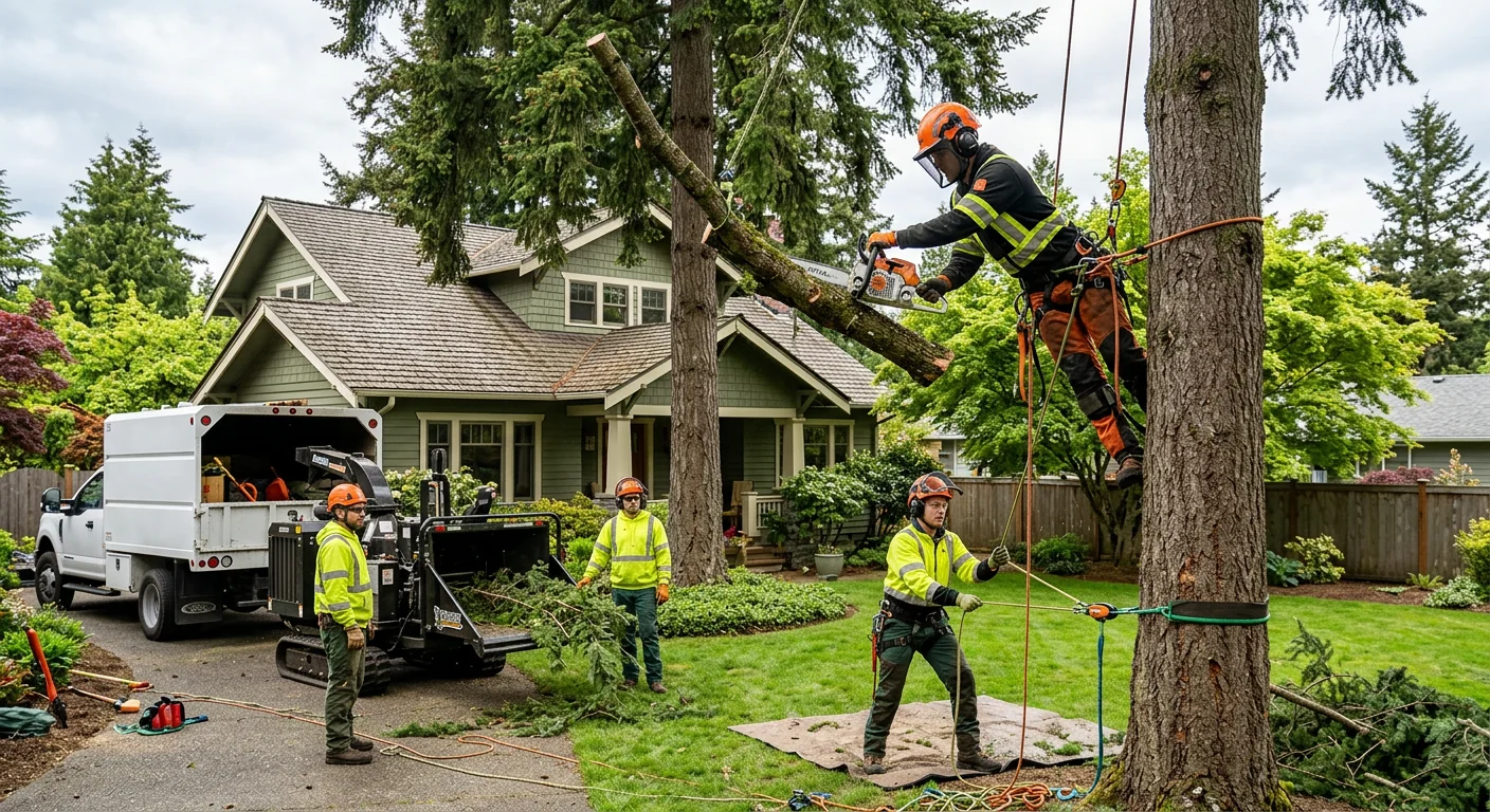 Arborist inspecting a leaning storm-damaged evergreen beside a Bothell home